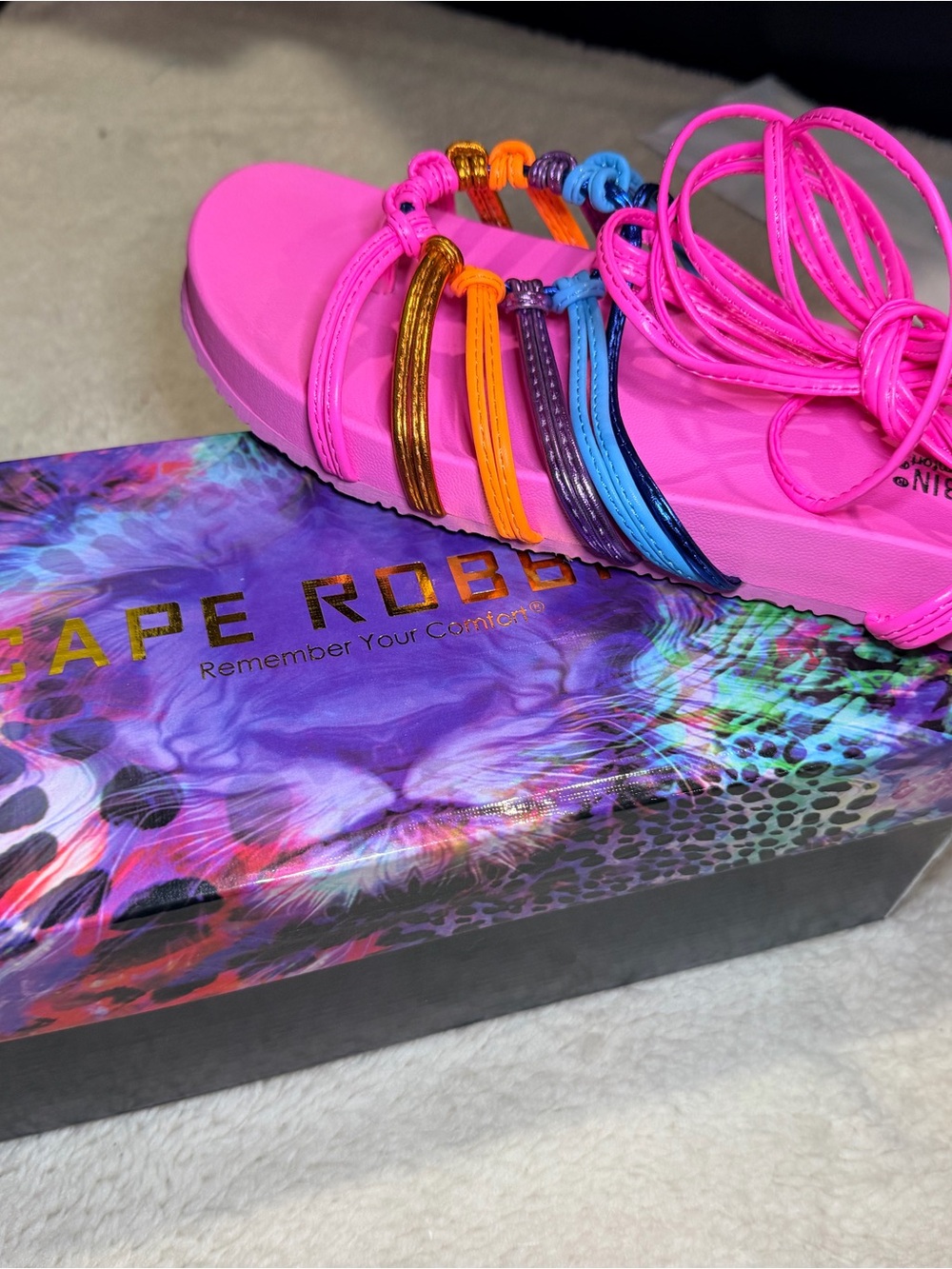 930. NIB Cape Robbin Neon Pink Multicolor Lace-Up Flat Sandals - Picture 4 of 9
